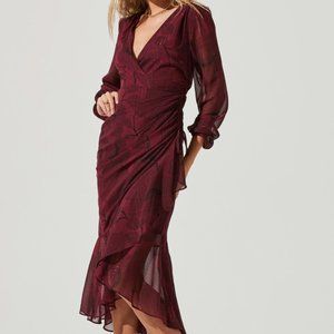 Burgundy Floral Midi Dress with Adjustable Cinching